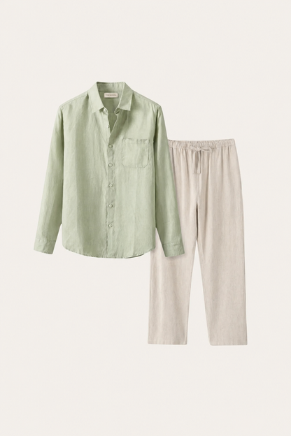Set di Lino Pisa Maniche Lunghe Verde Menta/Beige