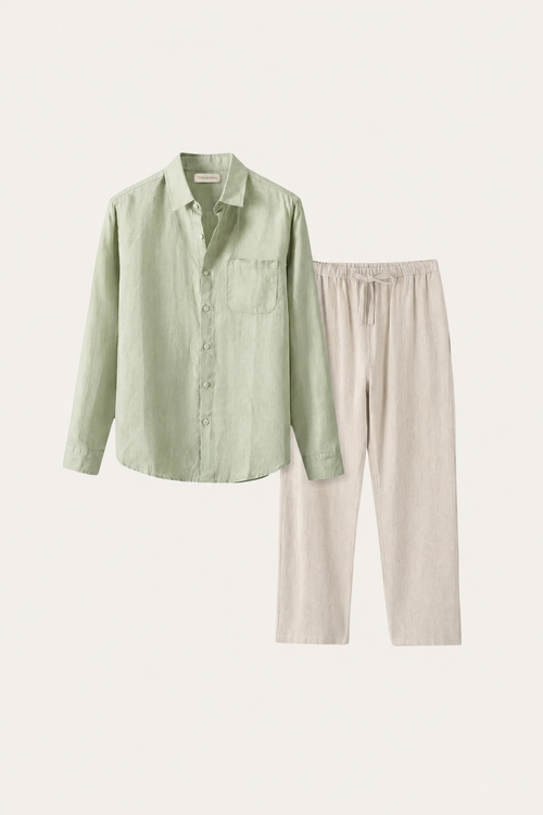 Set di Lino Pisa Maniche Lunghe Verde Menta/Beige