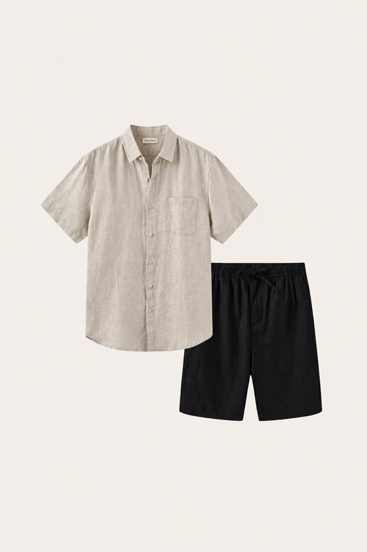 Camicia e Pantaloni Corti in Lino Beige/Nero