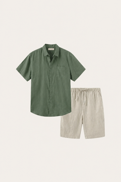 Camicia e Pantaloni Corti in Lino Verde/Beige