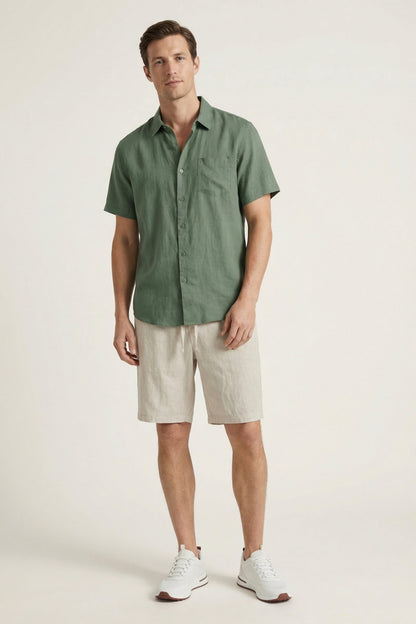 Camicia e Pantaloni Corti in Lino Verde/Beige