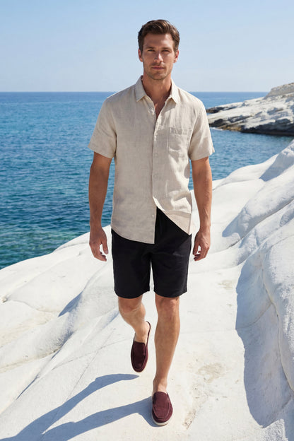 Camicia e Pantaloni Corti in Lino Beige/Nero