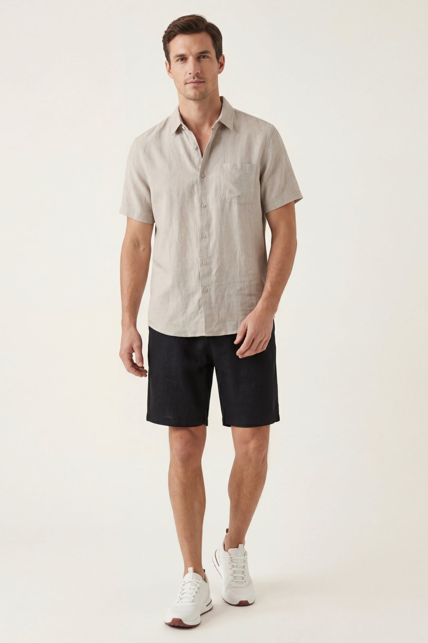 Camicia e Pantaloni Corti in Lino Beige/Nero