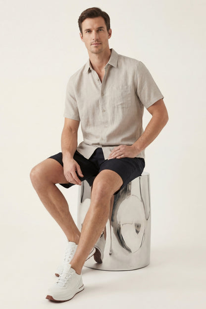 Camicia e Pantaloni Corti in Lino Beige/Nero