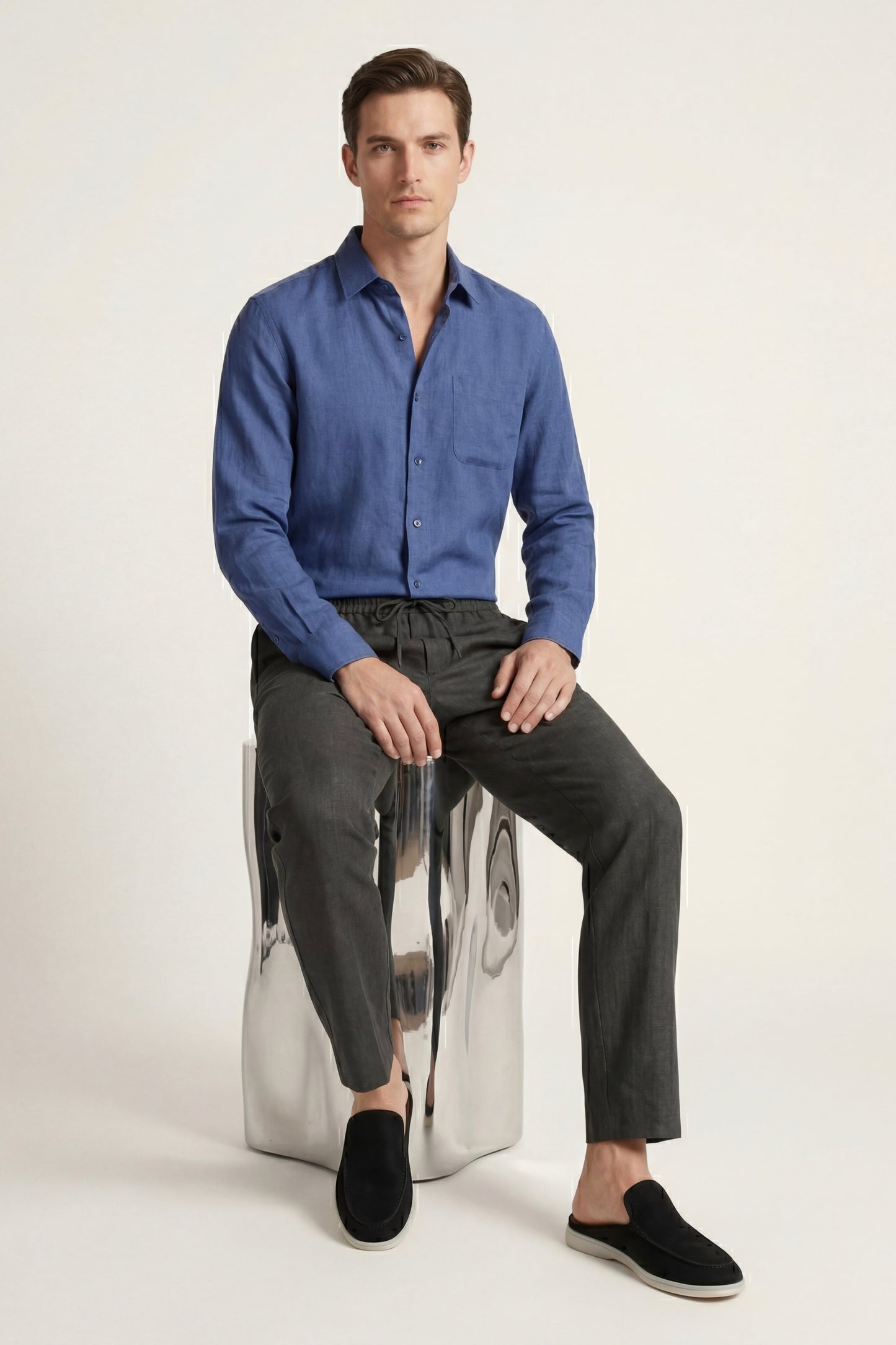 Set in Lino Pisa Maniche Lunghe Blu/Nero